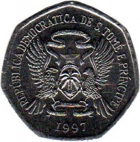 obverse of 500 Dobras - FAO (1997) coin with KM# 89 from São Tomé and Príncipe. Inscription: REPÚBLICA DEMOCRÁTICA DE S. TOMÉ E PRÍNCIPE 1997