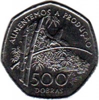 São Tomé and Príncipe coin 500 Dobras - FAO (1997) reverse reverse of 500 Dobras - FAO (1997) coin with KM# 89 from São Tomé and Príncipe. Inscription: AUMENTEMOS A PRODUCAO 500 DOBRAS