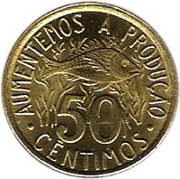 reverse of 50 Cêntimos - FAO (1977) coin with KM# 25 from São Tomé and Príncipe. Inscription: · AUMENTEMOS A PRODUÇÃO · 50 CÊNTIMOS