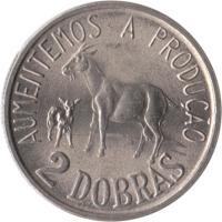 reverse of 2 Dobras - FAO (1977) coin with KM# 27 from São Tomé and Príncipe. Inscription: AUMENTEMOS A PRODUÇAO 2 DOBRAS