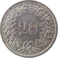 reverse of 20 Rappen (1939 - 2015) coin with KM# 29a from Switzerland. Inscription: 20 B