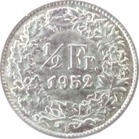 Switzerland coin 1/2 Franc (1875 - 1967) reverse reverse of 1/2 Franc (1875 - 1967) coin with KM# 23 from Switzerland. Inscription: 1/2 Fr. 1878 B