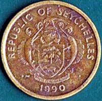 obverse of 10 Cents (1982 - 2003) coin with KM# 48 from Seychelles. Inscription: REPUBLIC OF SEYCHELLES · 1990 · PM