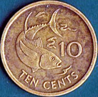 reverse of 10 Cents (1982 - 2003) coin with KM# 48 from Seychelles. Inscription: 10 TEN CENTS