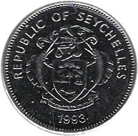 obverse of 25 Cents (1993 - 2012) coin with KM# 49a from Seychelles. Inscription: REPUBLIC OF SEYCHELLES · 1993 ·