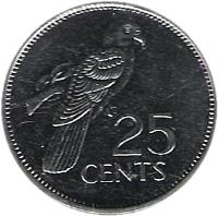 reverse of 25 Cents (1993 - 2012) coin with KM# 49a from Seychelles. Inscription: 25 CENTS