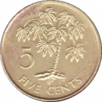 reverse of 5 Cents (1982 - 2003) coin with KM# 47 from Seychelles. Inscription: 5 FIVE CENTS