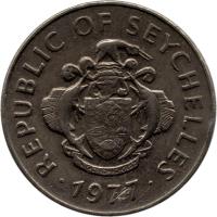 obverse of 1 Rupee (1977) coin with KM# 35 from Seychelles. Inscription: REPUBLIC OF SEYCHELLES · 1977 ·