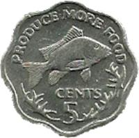 reverse of 5 Cents - FAO (1977) coin with KM# 31 from Seychelles. Inscription: PRODUCE MORE FOOD CENTS 5