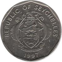 obverse of 5 Rupees (1982 - 2010) coin with KM# 51 from Seychelles. Inscription: REPUBLIC OF SEYCHELLES · FINIS · CORONAT · OPVS · · 1982 ·