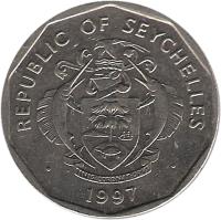 Seychelles coin 5 Rupees (1982 - 2010) obverse obverse of 5 Rupees (1982 - 2010) coin with KM# 51 from Seychelles. Inscription: REPUBLIC OF SEYCHELLES · FINIS · CORONAT · OPVS · · 1982 ·