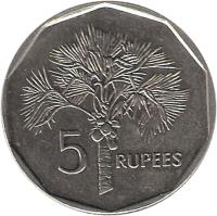 Seychelles coin 5 Rupees (1982 - 2010) reverse reverse of 5 Rupees (1982 - 2010) coin with KM# 51 from Seychelles. Inscription: 5 RUPEES