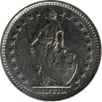 Switzerland coin 1 Franc (1968 - 2015) obverse obverse of 1 Franc (1968 - 2015) coin with KM# 24a from Switzerland. Inscription: HELVETIA A. BOVY INCT