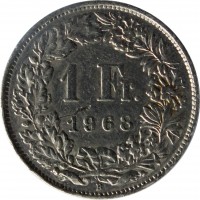 Switzerland coin 1 Franc (1968 - 2015) reverse reverse of 1 Franc (1968 - 2015) coin with KM# 24a from Switzerland. Inscription: 1 Fr. 1968