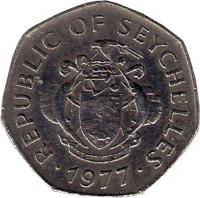 Seychelles coin 5 Rupees (1977) obverse obverse of 5 Rupees (1977) coin with KM# 36 from Seychelles. Inscription: REPUBLIC OF SEYCHELLES · 1977 ·