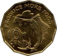 reverse of 10 Cents - FAO (1977) coin with KM# 32 from Seychelles. Inscription: PRODUCE MORE FOOD 10 CENTS