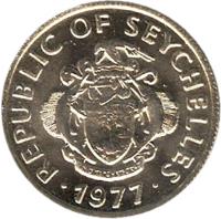 obverse of 25 Cents (1977) coin with KM# 33 from Seychelles. Inscription: REPUBLIC OF SEYCHELLES · 1977 ·