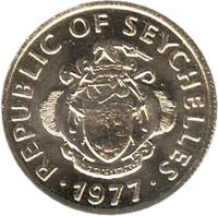 Seychelles coin 25 Cents (1977) obverse obverse of 25 Cents (1977) coin with KM# 33 from Seychelles. Inscription: REPUBLIC OF SEYCHELLES · 1977 ·