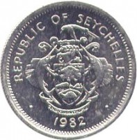 obverse of 25 Cents (1982 - 1992) coin with KM# 49 from Seychelles. Inscription: REPUBLIC OF SEYCHELLES · 1982 ·