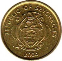 obverse of 1 Cent (1982 - 2004) coin with KM# 46 from Seychelles. Inscription: REPUBLIC OF SEYCHELLES · 2004 ·