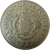 Seychelles coin 10 Rupees - FAO (1977) obverse obverse of 10 Rupees - FAO (1977) coin with KM# 37 from Seychelles. Inscription: REPUBLIC OF SEYCHELLES · 1977 ·