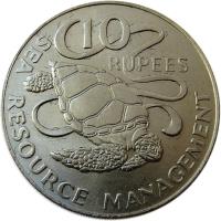 Seychelles coin 10 Rupees - FAO (1977) reverse reverse of 10 Rupees - FAO (1977) coin with KM# 37 from Seychelles. Inscription: 10 RUPEES SEA RESOURCE MANAGEMENT