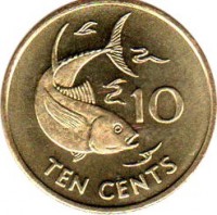 reverse of 10 Cents (2007) coin with KM# 48a from Seychelles. Inscription: 10 TEN CENTS