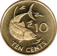 Seychelles coin 10 Cents (2007) reverse reverse of 10 Cents (2007) coin with KM# 48a from Seychelles. Inscription: 10 TEN CENTS