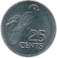 reverse of 25 Cents (2000) coin with KM# 49b from Seychelles. Inscription: 25 CENTS