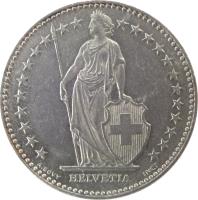 obverse of 2 Francs (1968 - 2015) coin with KM# 21a from Switzerland. Inscription: HELVETIA A. BOVY INCT
