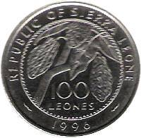 reverse of 100 Leones (1996) coin with KM# 46 from Sierra Leone. Inscription: REPUBLIC OF SIERRA LEONE 100 LEONES 1996