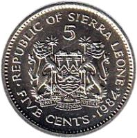 reverse of 5 Cents (1980 - 1984) coin with KM# 33 from Sierra Leone. Inscription: 5 FIVE CENTS 1984