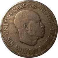 obverse of 20 Cents (1964) coin with KM# 20 from Sierra Leone. Inscription: UNITY · FREEDOM · JUSTICE · SIR MILTON MARGAI ·