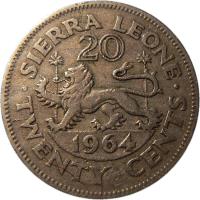 reverse of 20 Cents (1964) coin with KM# 20 from Sierra Leone. Inscription: · SIERRA LEONE · 20 1964 TWENTY CENTS