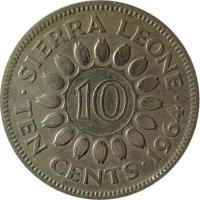 reverse of 10 Cents (1964) coin with KM# 19 from Sierra Leone. Inscription: SIERRA LEONE 10 TEN CENTS.1964.