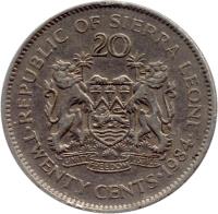 reverse of 20 Cents (1978 - 1984) coin with KM# 30 from Sierra Leone. Inscription: TWENTY CENTS 1984