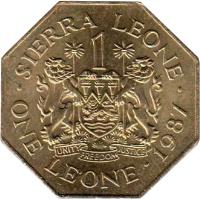Sierra Leone coin 1 Leone (1987 - 1988) reverse reverse of 1 Leone (1987 - 1988) coin with KM# 43 from Sierra Leone. Inscription: SIERRA LEONE 1 ONE LEONE 1987