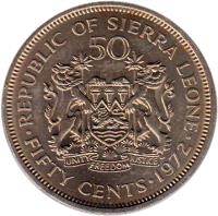 reverse of 50 Cents (1972 - 1984) coin with KM# 25 from Sierra Leone. Inscription: REPUBLIC OF SIERRA LEONE 50 FIFTY CENTS.1972