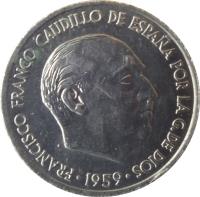 obverse of 10 Centimos - Francisco Franco (1959) coin with KM# 790 from Spain. Inscription: FRANCISCO FRANCO CAUDILLO DE ESPAÑA POR LA G.DE DIOS 1959