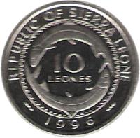 reverse of 10 Leones (1996) coin with KM# 44 from Sierra Leone. Inscription: REPUBLIC OF SIERRA LEONE 10 LEONES 1996