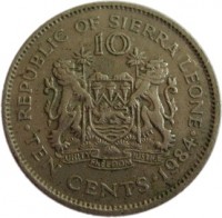reverse of 10 Cents (1978 - 1984) coin with KM# 34 from Sierra Leone. Inscription: REPUBLIC OF SIERRA LEONE 10 · TEN CENTS · 1984 ·