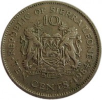 Sierra Leone coin 10 Cents (1978 - 1984) reverse reverse of 10 Cents (1978 - 1984) coin with KM# 34 from Sierra Leone. Inscription: REPUBLIC OF SIERRA LEONE 10 · TEN CENTS · 1984 ·