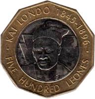 Sierra Leone coin 500 Leones (2004) obverse obverse of 500 Leones (2004) coin with KM# 296 from Sierra Leone. Inscription: KAI LONDO 1845-1896 FIVE HUNDRED LEONES
