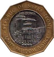 reverse of 500 Leones (2004) coin with KM# 296 from Sierra Leone. Inscription: REPUBLIC OF SIERRA LEONE UNITY FREEDOM JUSTICE