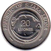 reverse of 20 Leones (2003) coin with KM# 295 from Sierra Leone. Inscription: REPUBLIC OF SIERRA LEONE 20 LEONES
