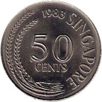 Singapore coin 50 Cents (1967 - 1985) reverse reverse of 50 Cents (1967 - 1985) coin with KM# 5 from Singapore. Inscription: 1967 SINGAPORE 50 CENTS