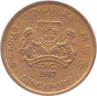 obverse of 5 Cents - Ribbon upwards (1985 - 1991) coin with KM# 50 from Singapore. Inscription: SINGAPURA 新加坡 SINGAPORE சிங்கப்பூர் MAJULAH SINGAPURA 1989