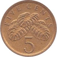 reverse of 5 Cents - Ribbon upwards (1985 - 1991) coin with KM# 50 from Singapore. Inscription: FIVE CENTS 5