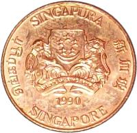 obverse of 1 Cent - Ribbon upwards (1986 - 1990) coin with KM# 49 from Singapore. Inscription: SINGAPURA 新加坡 SINGAPORE சிங்கப்பூர் MAJULAH SINGAPURA 1986