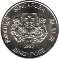 obverse of 1 Dollar (1985 - 1987) coin with KM# 54 from Singapore. Inscription: SINGAPURA 新加坡 SINGAPORE சிங்கப்பூர் MAJULAH SINGAPURA 1987